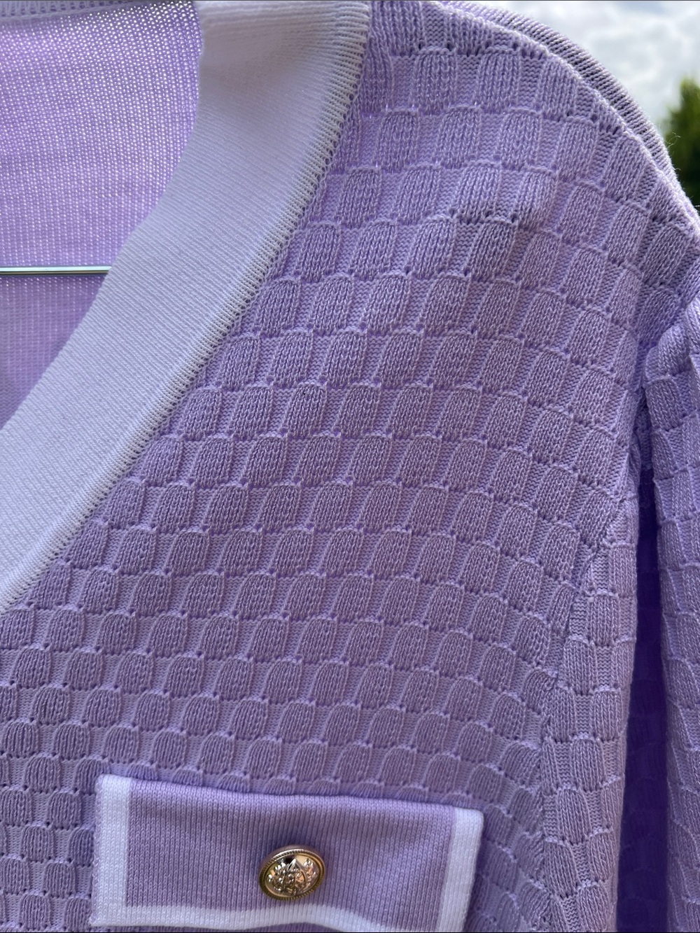 Nanette Lepore Lavender and White V‑Neck Short Sleeve Cardigan - Picture 3 of 8